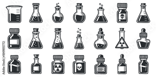 A collection of various laboratory glassware icons including beakers, flasks, and bottles in black and white outline vector style, suitable for educational and scientific projects