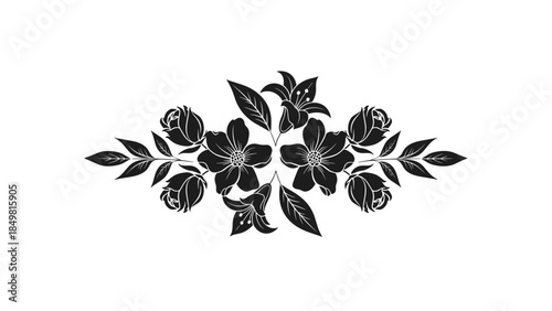 Black Floral Arrangement with Leaves and Flowers.
