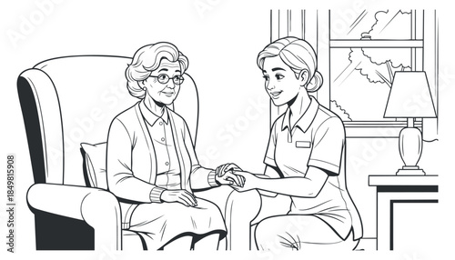 A caregiver holding hands with an elderly woman in a line art vector style, ideal for healthcare and support themes