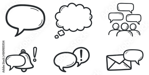 A collection of speech bubbles, icons, and dialogue symbols in clean outline vector style, suitable for communication and social media design