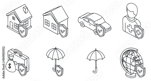 A set of insurance-related icons featuring house, car, health, and financial protection symbols in a clean outline vector style, suitable for business and financial services