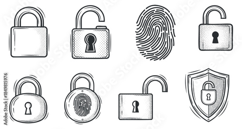 A collection of padlock and fingerprint icons in hand-drawn sketch style, suitable for security and technology themes