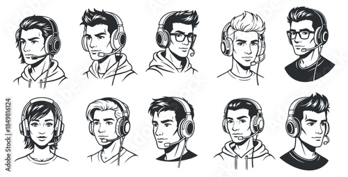 A collection of ten diverse characters wearing headsets in black and white outline vector style, perfect for gaming and online communication themes