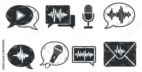 A collection of audio and communication icons including speech bubbles and microphones in black and white outline vector style, perfect for media and technology projects