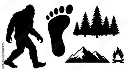 Sasquatch vector silhouette set including walking Bigfoot large footprint pine forest trees mountain range and campfire for outdoor adventure logo design