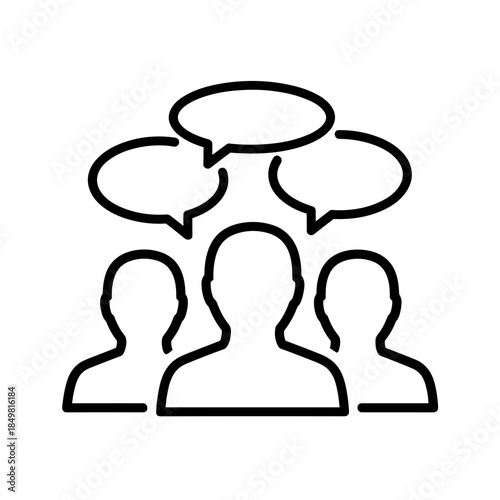 Team collaboration concept with outlines of three people and speech bubbles  