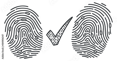 A pair of fingerprint illustrations with a checkmark in modern outline vector style, suitable for security and identity verification design