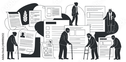 A group of elderly individuals interacting with various documents in a black and white vector style, ideal for healthcare and support services design