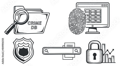 A set of crime investigation icons including a fingerprint, police shield, and secure database in black and white outline vector style, ideal for law enforcement and security projects