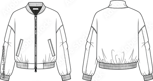 Men bomber jacket front and back technical fashion flat sketch, casual outerwear garment CAD drawing vector illustration