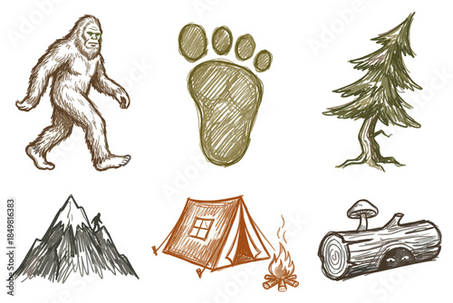 Vintage Sasquatch vector sketch set featuring walking Bigfoot footprint pine tree mountain peak and camping tent in hand drawn style for outdoor badge design