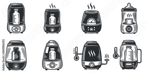 A collection of various water heaters in black and white vintage vector style, suitable for kitchen appliance design