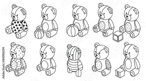 A collection of cute teddy bears with various patterns and accessories in black and white outline vector style, perfect for children's products and designs