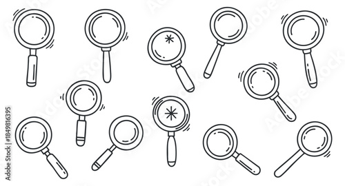 A collection of magnifying glasses in line art vector style, suitable for educational materials and research illustrations