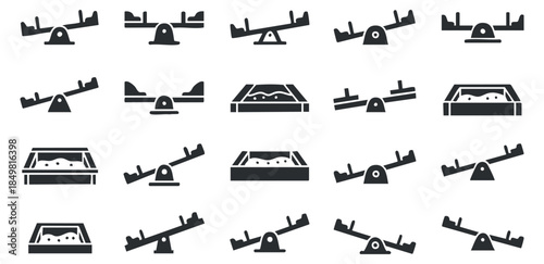 A collection of balance scales in black and white flat vector style, ideal for business and analytics design