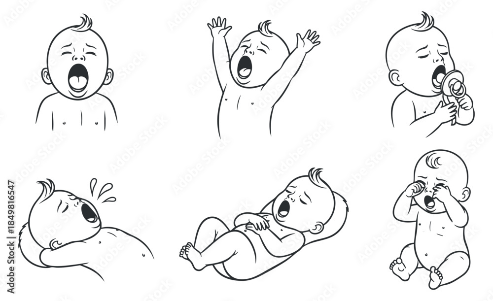 Obraz premium A collection of six cute baby illustrations depicting various emotions like yawning, crying, and playing in black and white outline vector style, perfect for parenting resources and baby products