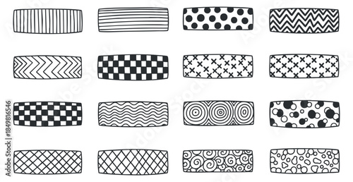A collection of black and white decorative patterns featuring various designs such as stripes, dots, and wavy lines in a minimalist vector style, ideal for creative projects and backgrounds