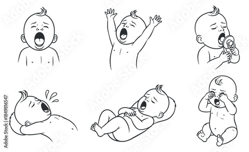 A collection of six cute baby illustrations depicting various emotions like yawning, crying, and playing in black and white outline vector style, perfect for parenting resources and baby products