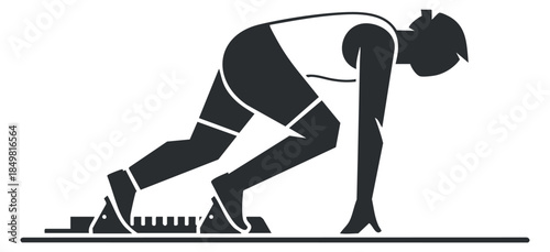 A silhouette of a sprinter in a starting position on the track in minimalist black vector style, suitable for sports branding and fitness-related designs
