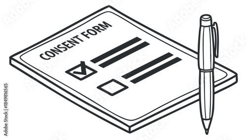 A consent form featuring checkboxes and lines for information in minimalist outline vector style, suitable for legal and medical documentation