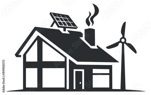 A modern house featuring solar panels and a wind turbine in black vector style, ideal for eco-friendly designs