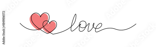 Elegant love typography in continuous one line drawing style with pink hearts. Perfect for Valentines Day graphics, wedding designs, and romantic-themed artwork. Editable stroke