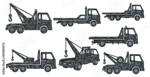 A set of various tow trucks including flatbed and recovery vehicles in black and white sketch vector style, ideal for automotive and transportation illustrations