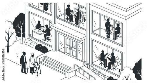 An illustration of a modern office building with people working inside and outside in minimalist black and white vector style, ideal for business and workspace themes