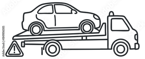 A tow truck carrying a car in black and white outline vector style, suitable for automotive service and roadside assistance themes