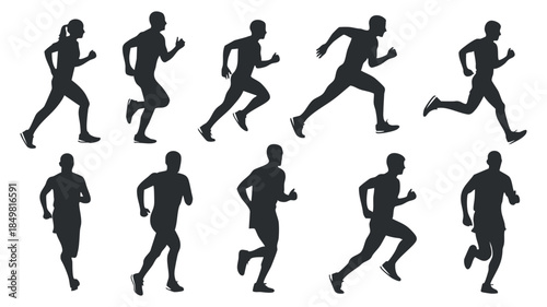 A set of running silhouettes depicting various male figures in motion in black vector style, suitable for sports and fitness designs