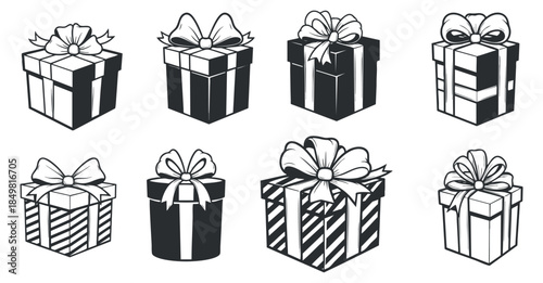 A collection of gift boxes with ribbons in black and white outline vector style, perfect for holiday and birthday designs