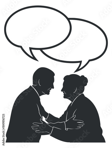 A pair of people engaging in a conversation with speech bubbles in black and white minimalist vector style, ideal for communication-themed projects