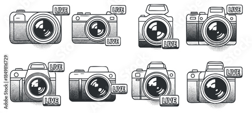 A set of live camera icons in black and white outline vector style, perfect for media and streaming projects