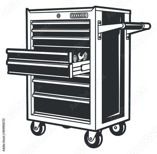 A detailed illustration of a tool cart with drawers and wheels in black and white vector style, ideal for garage and workshop design