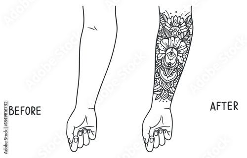 A before and after illustration of a bare arm transforming into a beautifully decorated arm with a floral mandala tattoo in black and white line art style, ideal for tattoo design inspiration