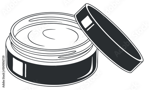 An open jar of cream or moisturizer in black and white outline vector style, ideal for skincare branding and packaging