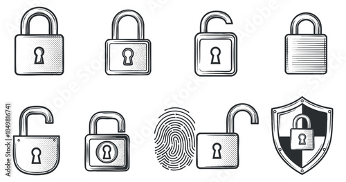 A collection of various padlocks, a fingerprint, and a shield icon in black and white outline vector style, ideal for security and protection designs