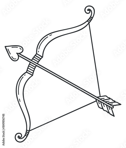 A decorative outline illustration of a bow and arrow in minimalist vector style, suitable for sporting and hunting designs