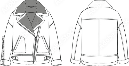 Men shearling jacket front and back technical fashion flat sketch, winter outerwear garment CAD drawing vector illustration