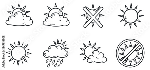 A set of weather icons including sun, clouds, and rain in black and white outline vector style, suitable for weather applications and designs