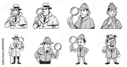 A collection of cartoon detective characters with magnifying glasses in black and white outline style, suitable for mystery-themed projects
