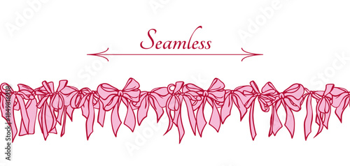 Pink Coquette Ribbon Bow seamless Border. Hand-Drawn Feminine Vintage Frame for wedding invitation, textile, seasonal designs, cards, web banner. Vector Illustration.
