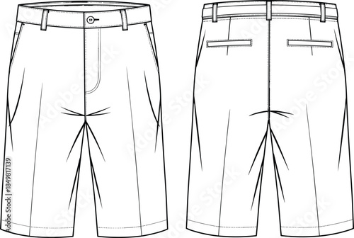Men's Classic Tailored Bermuda Shorts CAD Drawing Flat Vector Illustration with Belt Loops, Side Pockets, and Back Welt Pockets for Technical Fashion Design Spec SheetWeb