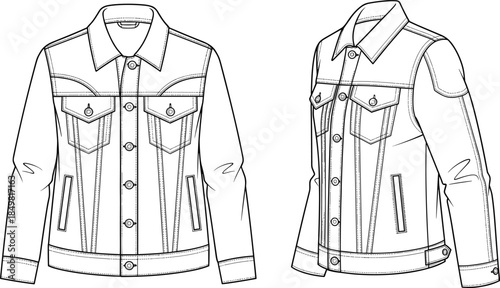 Men's Classic Denim Jacket, Front and Side View, Vector CAD Drawing for Fashion Design and Garment Technical Specifications, Illustration.