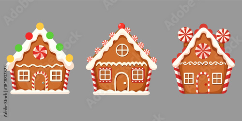 Gingerbread House Set Flat Vector Illustration for Christmas Holiday