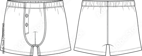 Men's Classic Woven Boxer Shorts Technical Flat Sketch Vector with Elastic Waistband and Functional Button Fly Opening: Underwear CAD Template