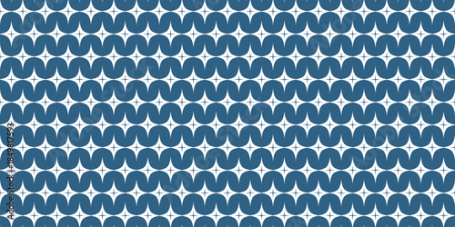 Seamless vector pattern with blue wave shapes and star elements, retro inspired geometric background, modern decorative texture for textile, wallpaper, wrapping, stylish abstract design