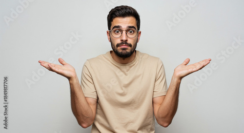I have no idea. A man in a beige t-shirt and glasses raises his palms, shrugs his shoulders, and looks bewildered. A perfect blend of ambiguity and casual charm.