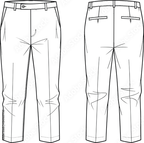 Men's Tapered Slim Fit Chino Trousers, Button Closure, Front and Back Views, CAD Drawing Flat Vector Illustration