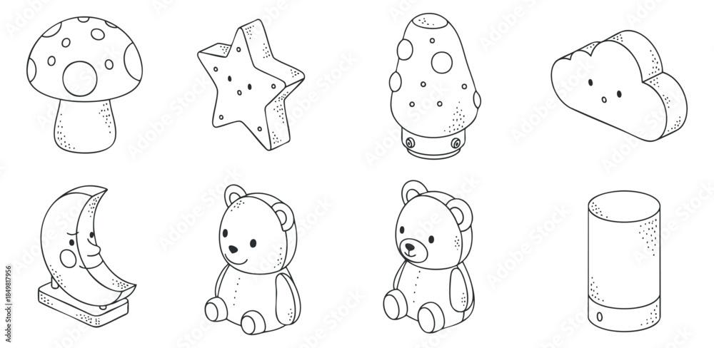 Fototapeta premium A set of cute toy illustrations including a mushroom, star, bear, moon, and cloud in black and white outline vector style, perfect for children's products and playful designs